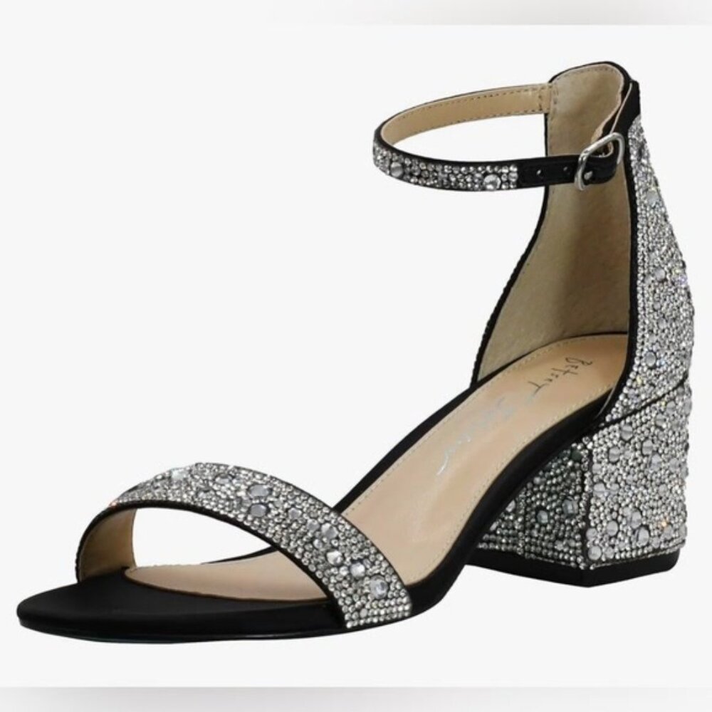 Betsey Johnson Women's Mari Heeled Sandal, Black/Clear Crystals 9.5 M